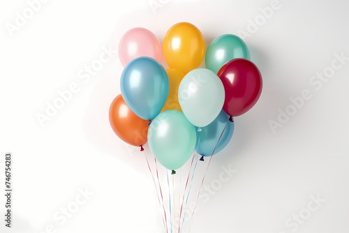 Festive birthday balloons creating a lively mockup on a pristine white background, featuring copy space for personalized messages, captured with the vibrancy of an HD camera