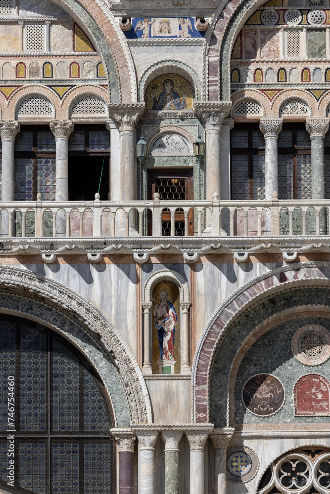 St Mark's Basilica (Basilica di San Marco), ornamental facade, Venice, Italy.