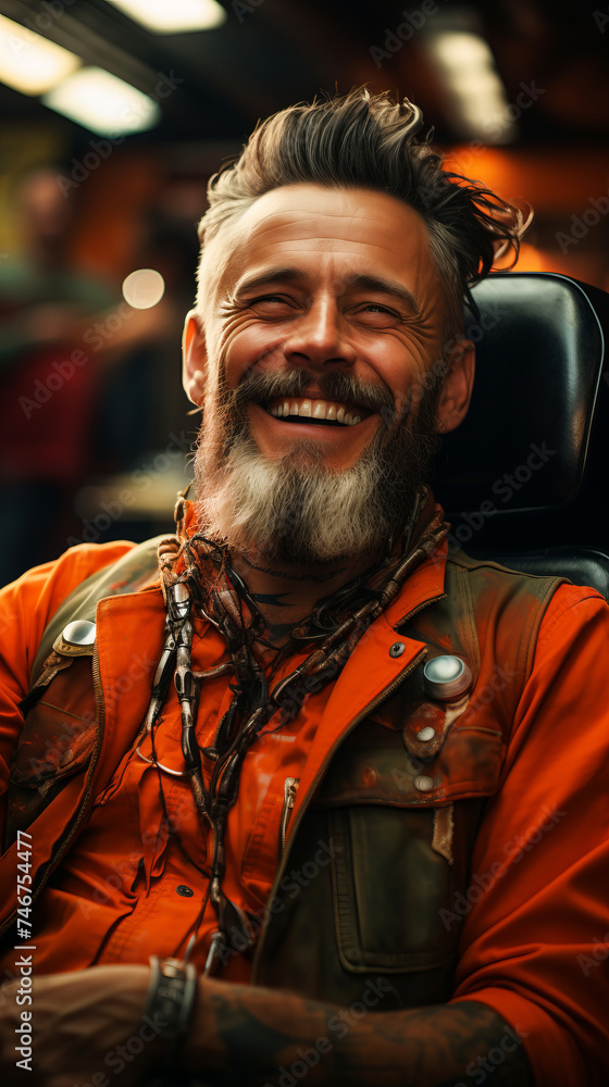 Smiling barber sitting in a chair in a barbershop.