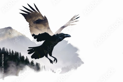 A black bird flying in the sky with mountains in the background. Double exposure of flying raven with forest on mountains on white background.