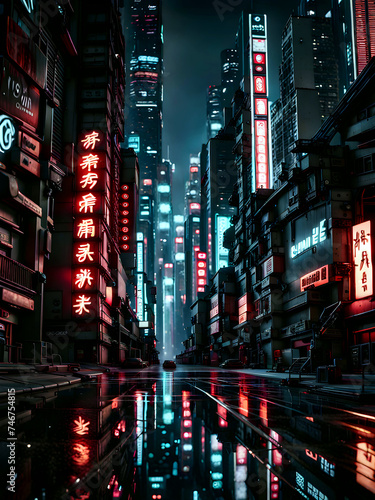 neo noir image of a rainy street in a futuristic asian city at night with illuminated neon signs reflected in the wet street