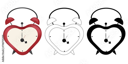 Set of 3 heart-shaped alarm clock isolated on white background. Time to love. Valentine's day. Date. Wedding. red heart alarm clock. Time management concept. love concept. - stock vector