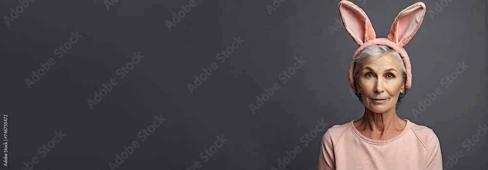 Portrait of an adult woman with gray hair and a headband with bunny ears on her head on a gray background - obrazy, fototapety, plakaty 