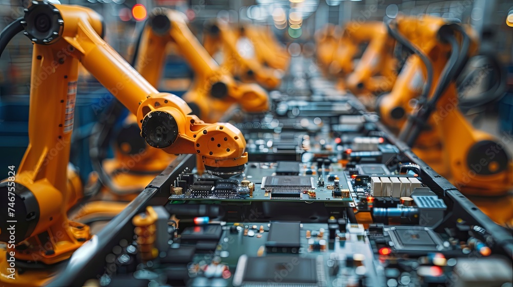 Automated industrial robotic arms precisely assembling electronic circuit boards in a modern manufacturing plant.