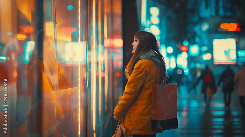 Mulher jovem e bonita com casaco amarelo com sacolas de compras na cidade à noite