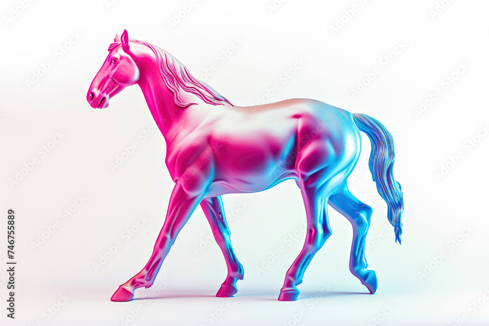On a white surface, a poised horse in delightful shades of pink and blue On a white surface, a poised horse in delightful shades of pink and blue