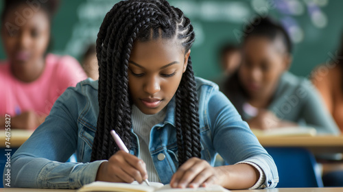 Retrato de uma estudante afro-americana fazendo lição de casa na mesa da sala de aula © Vitor