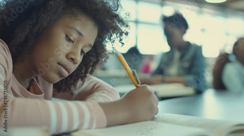 Retrato de uma estudante afro-americana fazendo lição de casa na mesa da sala de aula © Vitor