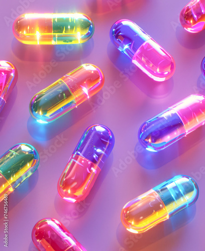 Wallpaper Mural Minimal colorful background concept on a pastel pink background of various transparent, irrevisible colors of glowing pills, surreal medications. Torontodigital.ca