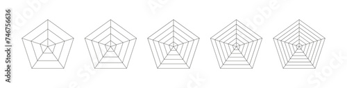 Pentagon and hexagon chart , for 5 point radar or spider diagrams. for visualizing data with structured graph approach. Flat vector illustration isolated on white background.