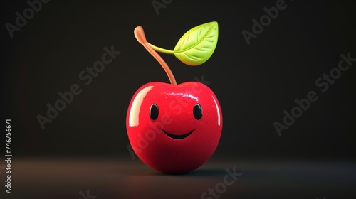 Red cherry with smiley face on black background