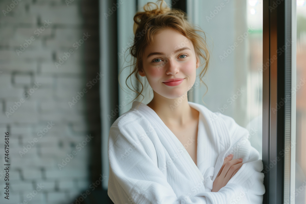 Radiant young woman in a white bathrobe by a window, her content smile and relaxed posture exuding a peaceful morning vibe. Radiant young woman in a white bathrobe by a window, her content smile and relaxed posture exuding a peaceful morning vibe.