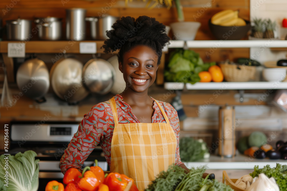 Smiling young Black woman in apron with fresh vegetables in a modern kitchen.