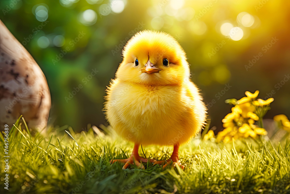 A small yellow chicken sits on top of a lush green grass covered field, surrounded by the natural landscape A small yellow chicken sits on top of a lush green grass covered field, surrounded by the natural landscape