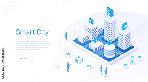 Isometric illustration of a smart city features. City of the future in shades of blue. Street map on the mobile screen.