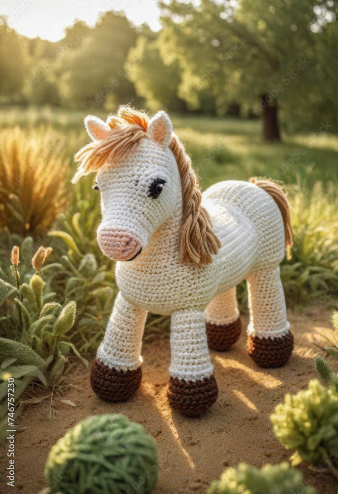 Obraz premium Little cute horse handmade toy on beautiful summer landscape background. Amigurumi toy making, knitting, hobby