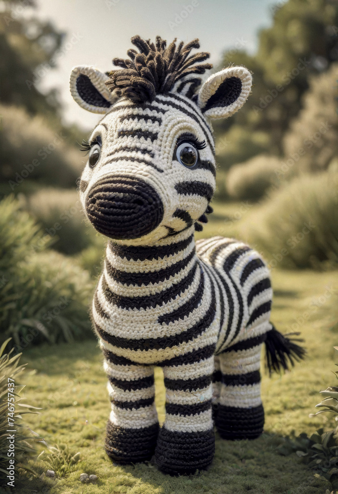 Fototapeta premium Little cute zebra handmade toy on beautiful summer landscape background. Amigurumi toy making, knitting, hobby