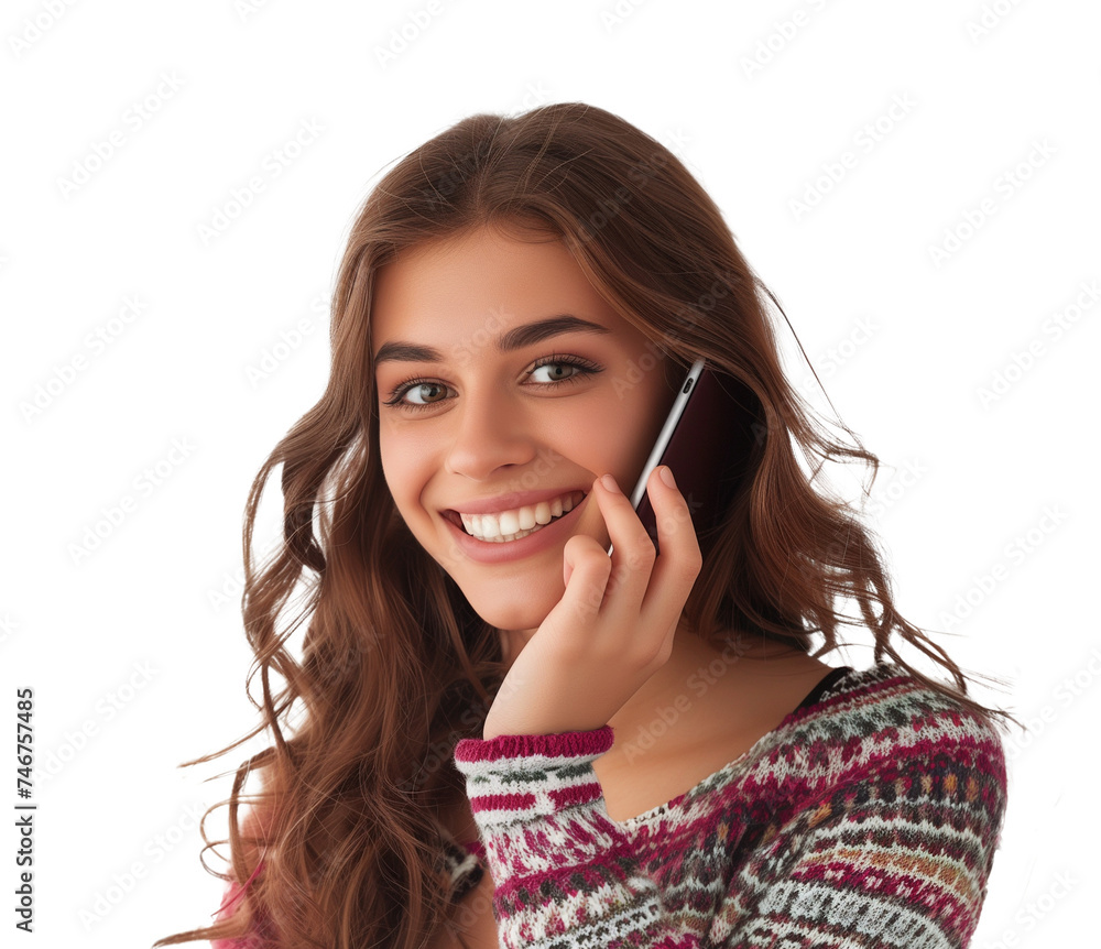 Portrait of a smiling casual woman holding smartphone over transparent background Portrait of a smiling casual woman holding smartphone over transparent background