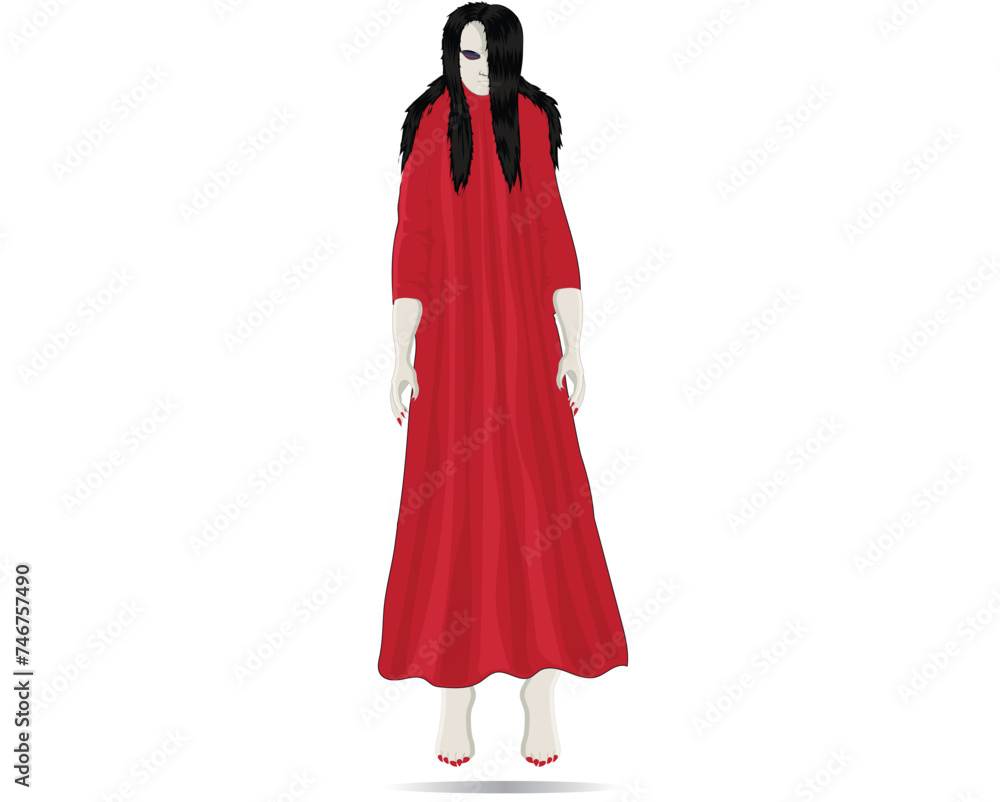 vector design cartoon illustration of a female ghost in a long red dress with long black hair who is usually referred to as a kuntilanak in the urban legends of a certain area