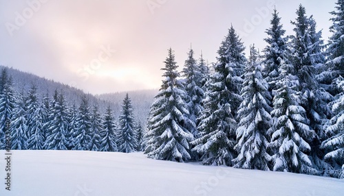 spruce tree forest covered by fresh snow during winter christmas time this winter scene is almost duotone due to the contrast between the frosty spruce trees white snow foreground and white sky