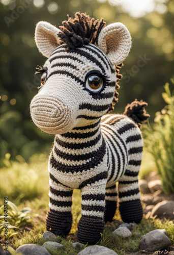 Little cute zebra handmade toy on beautiful summer landscape background. Amigurumi toy making, knitting, hobby © Павел Абрамов