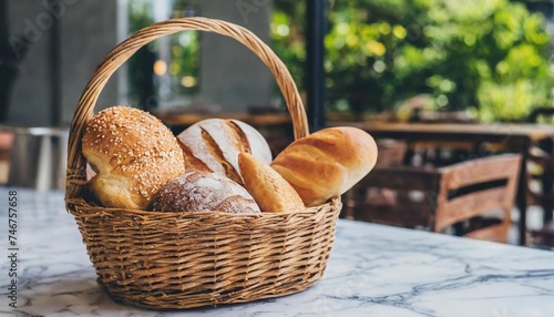 variety of bread in a basket on marble table in background of restaurant or bakery breakfast concept of light food and habit