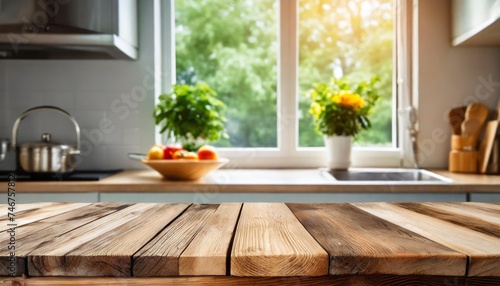 wooden table top on defocused kitchen room and window background