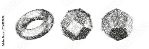 3d gritty geometric shapes with grain gradient effect in y2k style isolated on white background. Noise spheres, torus with grainy dot texture rotate with light and shadow. 3d vector geometric figure.