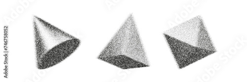 3d gritty shapes with grain gradient effect in y2k style isolated on white background. Noise cone, pyramid with grainy dot texture rotate in perspective with light, shadow. 3d vector geometric figure.
