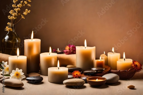 candles and stones, Step into a world of relaxation and rejuvenation with a burning candle set against a tranquil beige background, accompanied by smooth stones and delicate dry flowers