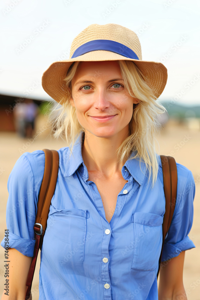 Woman in Blue Shirt and Hat on Beach