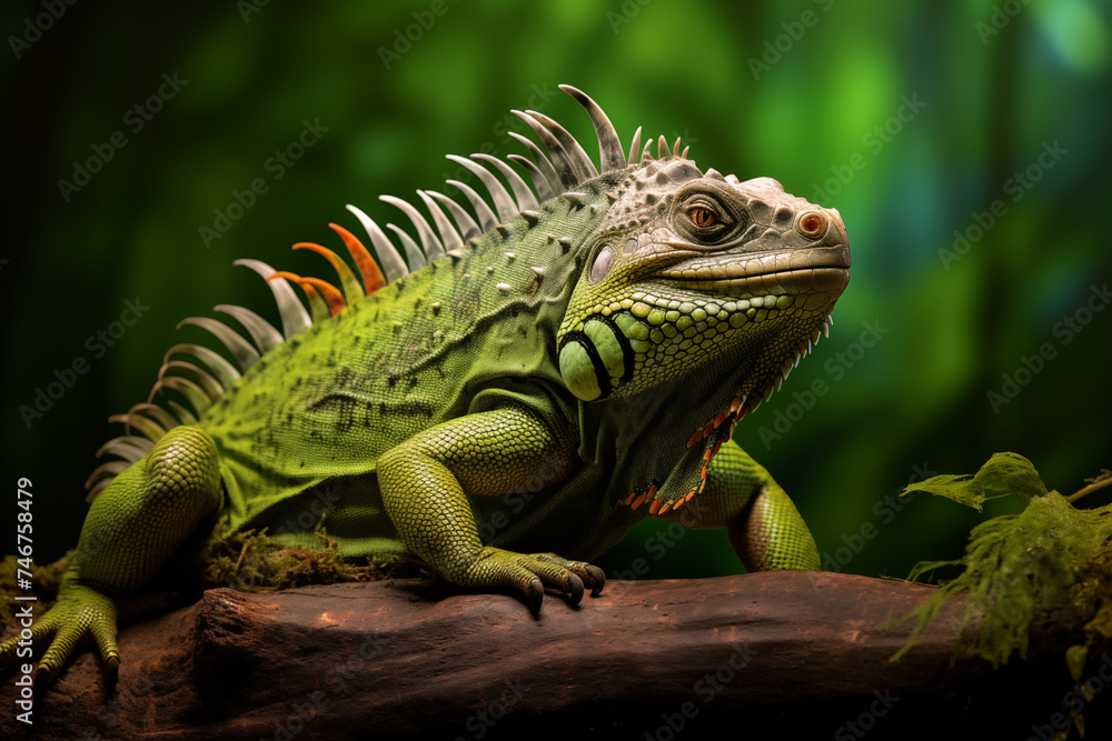 Fototapeta premium Rainforest Majesty: An Intimate Portrayal of a Wild Iguana in its Vibrant Tropical Habitat