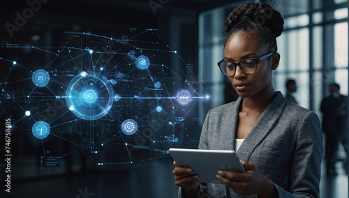 Black woman with tablet, erp data overlay and innovation, research and programming in future information technology, Futuristic network, analytics and developer for startup business website software