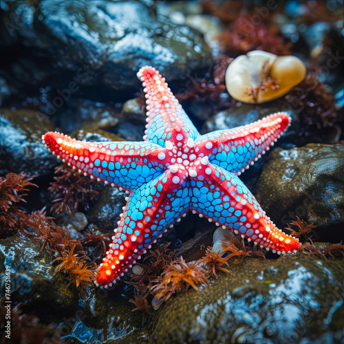 Red and Blue Starfish on Rocks