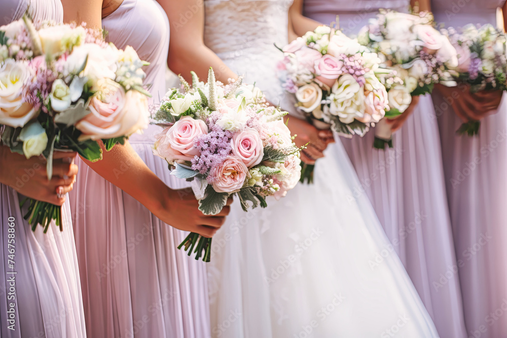 Group of Bridesmaids Holding Bouquets of Flowers Group of Bridesmaids Holding Bouquets of Flowers