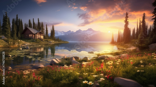 Golden Hour Serenity: An Idyllic Wilderness Landscape Juxtaposed with the Tranquility of Twilight