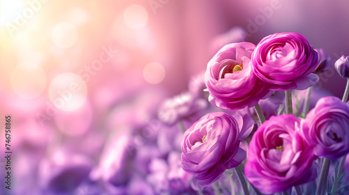 Vibrant purple Ranunculus flowers against a soft-focus background with copy space  suitable for spring banner