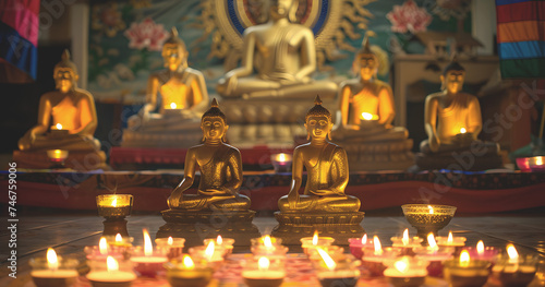 Buddha statues and candles, traditional Buddhist rituals, lighting lamps in front of Buddha statues. Wesak day