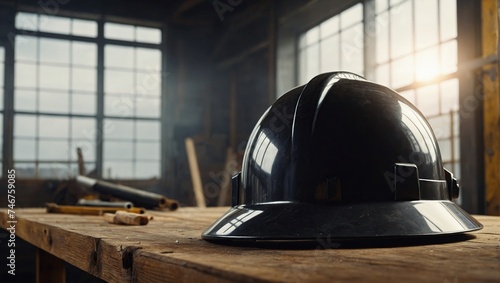 construction helmet on a wooden table with copy space for text photo