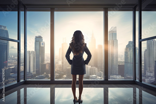 Woman Standing in Front of Window, Looking Out at City