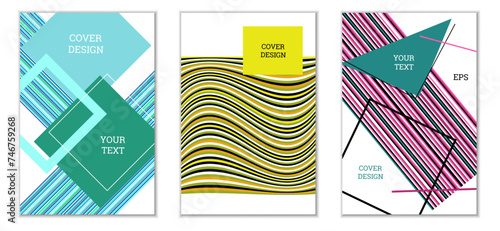 Geometric cover design, set of 3 covers. Abstract unusual background in Memphis style. Bright geometric shapes in random order