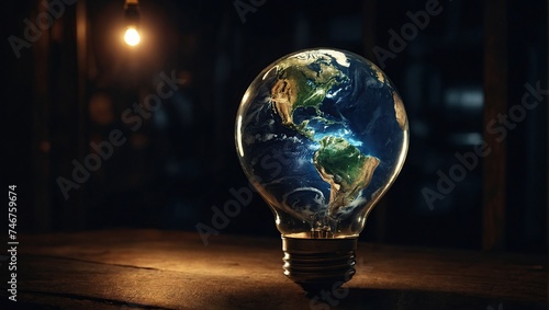 Earth in Lightbulb glowing among shutdown light bulb in dark area with copy space for creative thinking