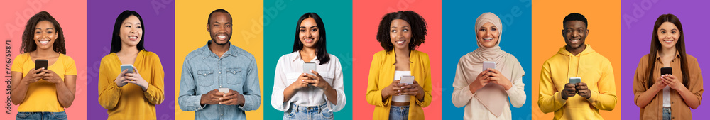 © Prostock-studio - Eight individuals from diverse backgrounds, each happily engaged with their smartphones