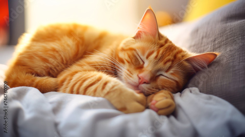 An orange cat is peacefully sleeping on top of a fluffy white blanket in a cozy indoor setting. The cat is curled up with its eyes closed, resting comfortably on the soft surface. © Tetiana