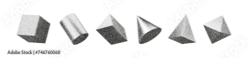 3d gritty shapes with grain gradient effect in y2k style isolated on white. Noise cube, cylinder, cone, pyramid with grainy dot texture rotate in perspective light, shadow. 3d vector geometric figure.