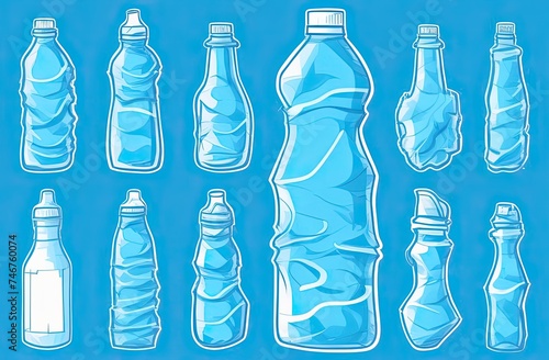 Illustration of used crushed plastic bottle on blue colored background. Recycling concept.