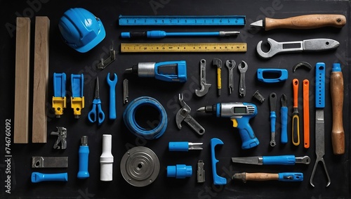 Flat lay of construction blue collar handy tools and white collar's accessories over wooden background empty black chalkboard Labor's day concepts