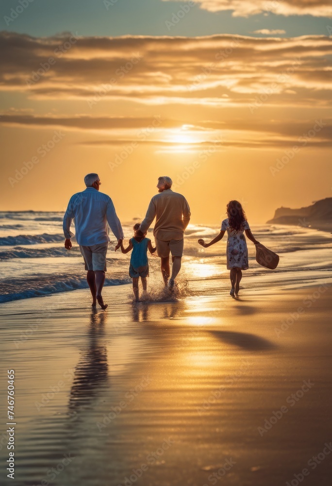 illustration, peaceful family stroll along sandy shoreline serene sea waves gently caressing beach sunset paints sky, water, ocean, coastal, evening, nature, leisure, bonding