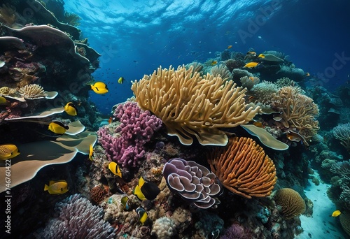 illustration, exploring vibrant underwater world coral reefs marine life: visual journey through depths ocean, fish, sea, blue, ecosystem, biodiversity © Yaraslava