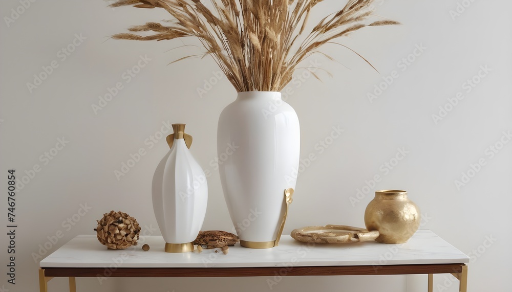 This modern interior design includes a hardwood table adorned with a variety of ornamental pieces.A white porcelain vase with dried spikelets within is one of these things, along with a golden picture
